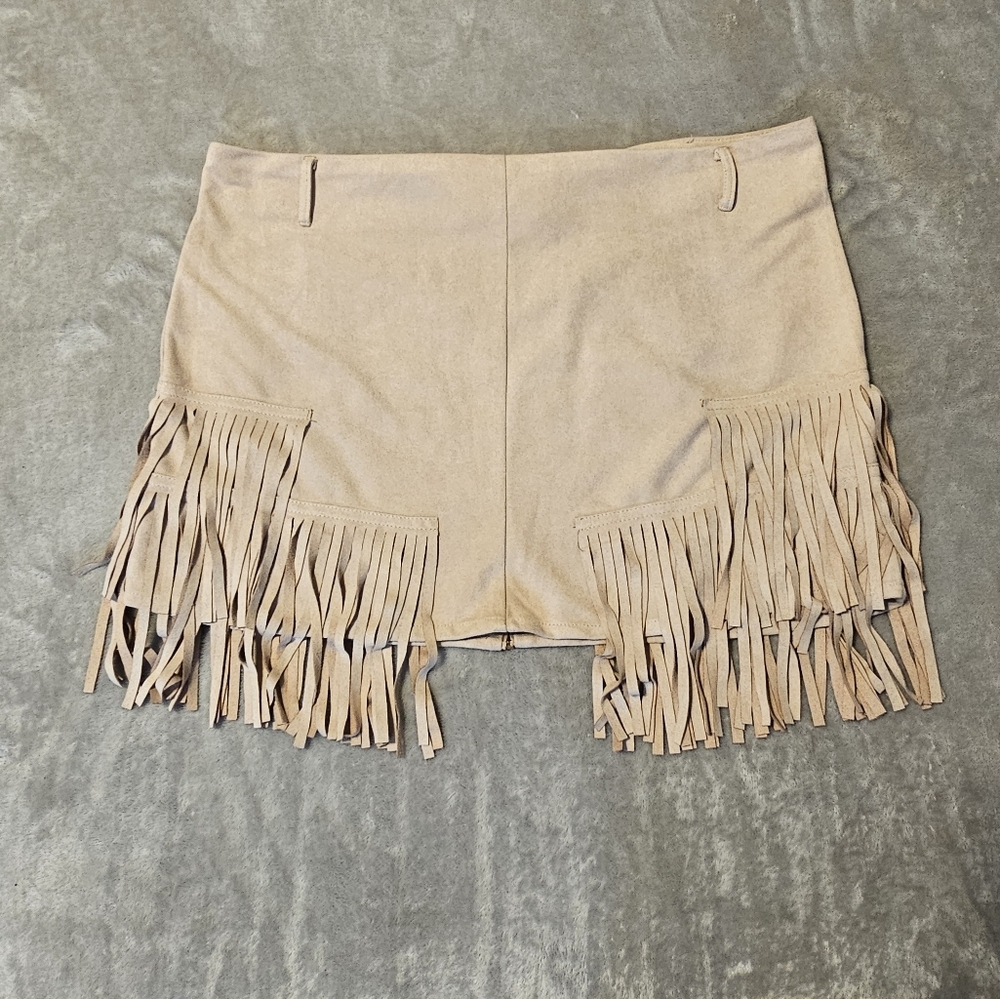 Ekklesia Women Beige Faux Suede Fringe Skirt M Full Zipper Back Cowgirl Western